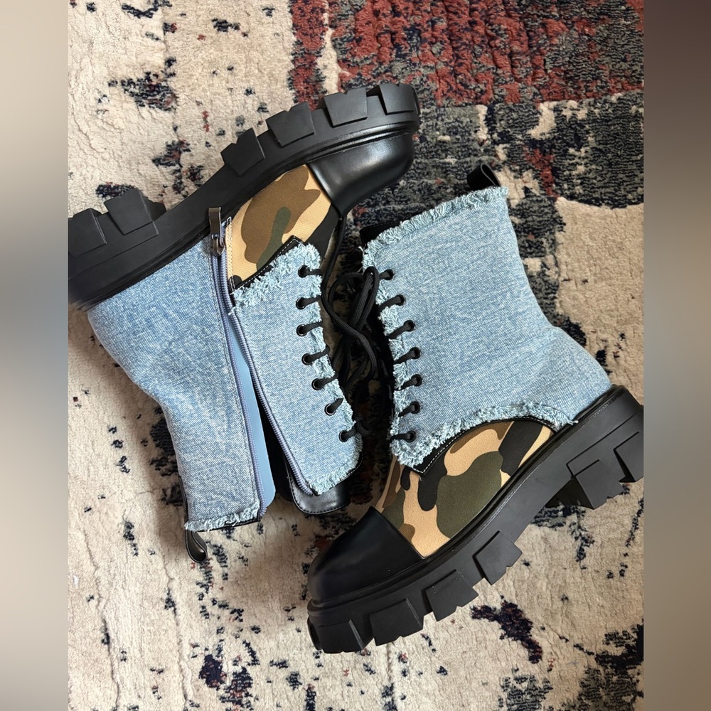 Denim & Camo Platform Combat Boots - Black/Blue